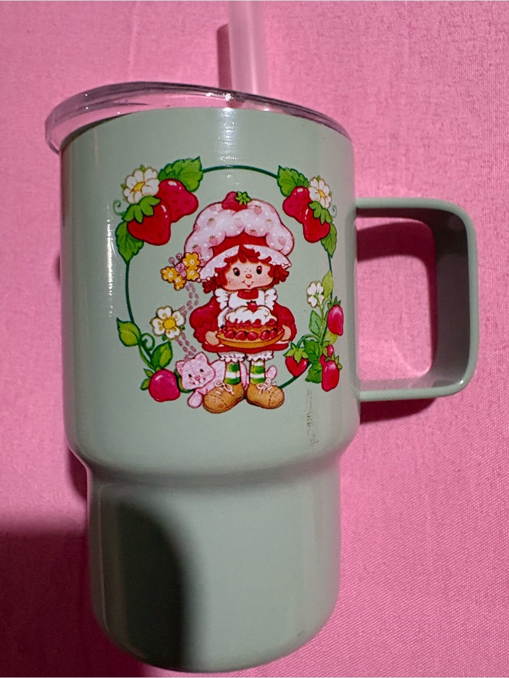Mint Green Character Travel Mug with Strawberry Illustration